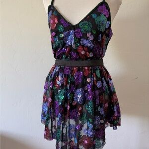 Sequin Floral Black Party Dress with Multicolor Flowers